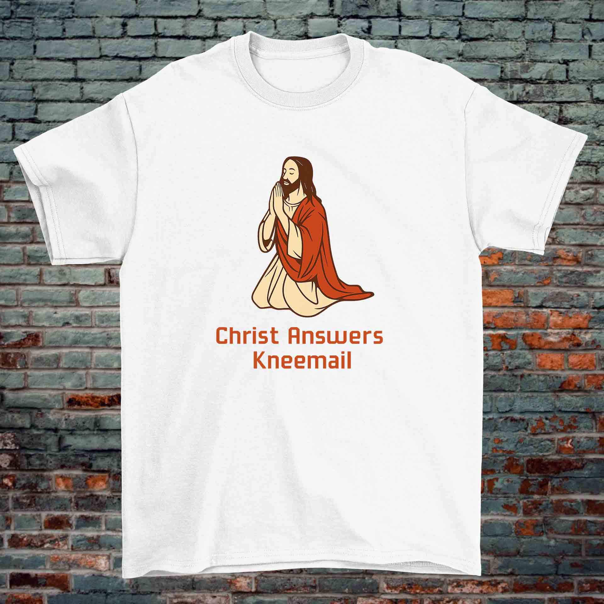 Christ Answers Kneemail T-Shirt – Christian Prayer Pun Design (Black & White, 100% Cotton) - Image 2