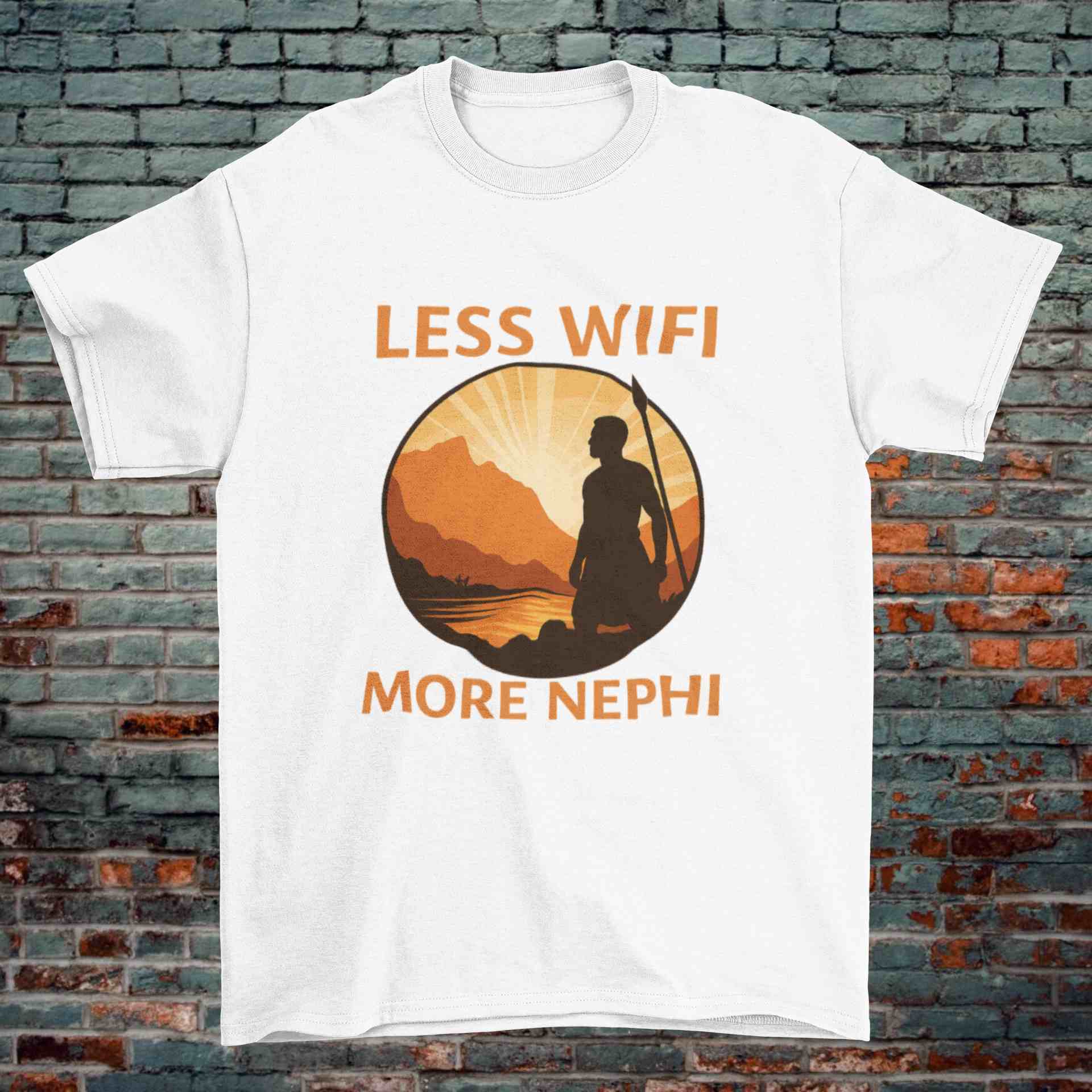 "Less WiFi More Nephi" – LDS Outdoorsman Faith Tee - Image 3