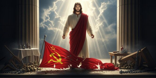Jesus standing with a red banner in light