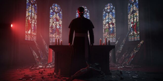 Mysterious figure stands in a dimly lit church.